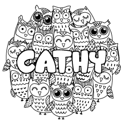 Coloriage prénom CATHY - décor Chouettes