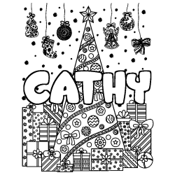 Coloriage prénom CATHY - décor Sapin et Cadeaux