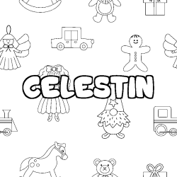 Coloriage prénom CELESTIN - décor Jouets