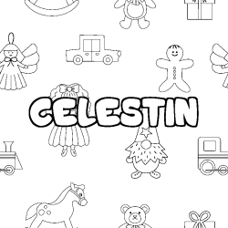Coloriage pr&eacute;nom CELESTIN - d&eacute;cor Jouets
