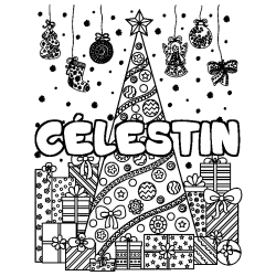 Coloriage prénom CÉLESTIN - décor Sapin et Cadeaux