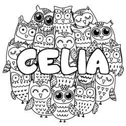 Coloriage prénom CELIA - décor Chouettes