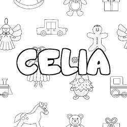 Coloriage prénom CELIA - décor Jouets