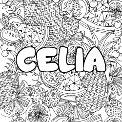 Coloriage pr&eacute;nom CELIA - d&eacute;cor Mandala fruits