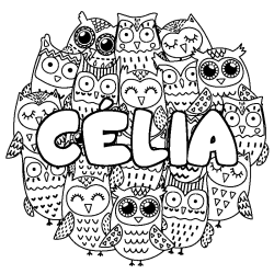 Coloriage pr&eacute;nom C&Eacute;LIA - d&eacute;cor Chouettes
