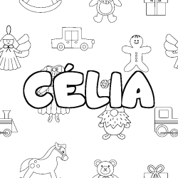 Coloriage pr&eacute;nom C&Eacute;LIA - d&eacute;cor Jouets