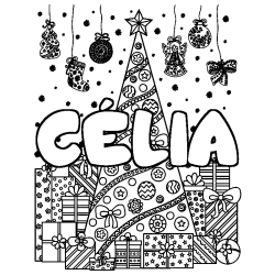 Coloriage pr&eacute;nom C&Eacute;LIA - d&eacute;cor Sapin et Cadeaux