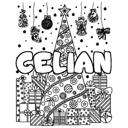 Coloriage prénom CELIAN - décor Sapin et Cadeaux