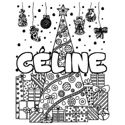 Coloriage prénom CÉLINE - décor Sapin et Cadeaux