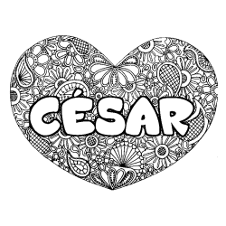 Coloriage prénom CÉSAR - décor Mandala coeur