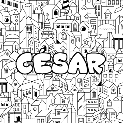 Coloriage prénom CÉSAR - décor Ville