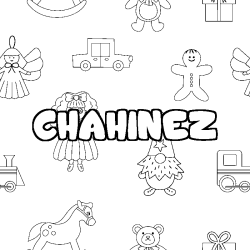 Coloriage prénom CHAHINEZ - décor Jouets