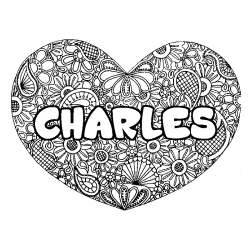 Coloriage prénom CHARLES - décor Mandala coeur