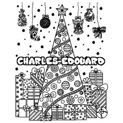 Coloriage prénom CHARLES-EDOUARD - décor Sapin et Cadeaux