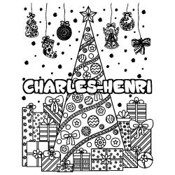 Coloriage prénom CHARLES-HENRI - décor Sapin et Cadeaux