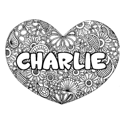 Coloriage prénom CHARLIE - décor Mandala coeur
