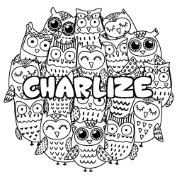 Coloriage pr&eacute;nom CHARLIZE - d&eacute;cor Chouettes