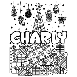 Coloriage prénom CHARLY - décor Sapin et Cadeaux