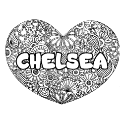Coloriage prénom CHELSEA - décor Mandala coeur