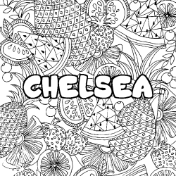 Coloriage prénom CHELSEA - décor Mandala fruits