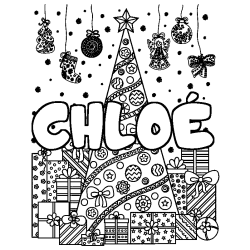 Coloriage pr&eacute;nom CHLO&Eacute; - d&eacute;cor Sapin et Cadeaux