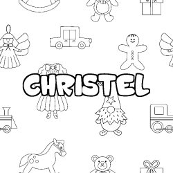 Coloriage prénom CHRISTEL - décor Jouets