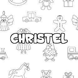 Coloriage pr&eacute;nom CHRISTEL - d&eacute;cor Jouets