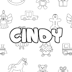 Coloriage pr&eacute;nom CINDY - d&eacute;cor Jouets