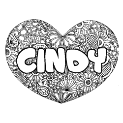 Coloriage pr&eacute;nom CINDY - d&eacute;cor Mandala coeur