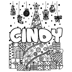 Coloriage pr&eacute;nom CINDY - d&eacute;cor Sapin et Cadeaux