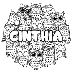 Coloriage prénom CINTHIA - décor Chouettes
