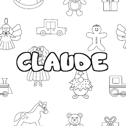 Coloriage prénom CLAUDE - décor Jouets