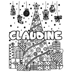 Coloriage prénom CLAUDINE - décor Sapin et Cadeaux