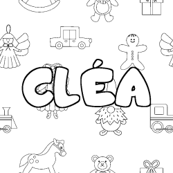 Coloriage pr&eacute;nom CL&Eacute;A - d&eacute;cor Jouets