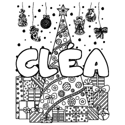 Coloriage pr&eacute;nom CL&Eacute;A - d&eacute;cor Sapin et Cadeaux