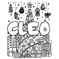 Coloriage pr&eacute;nom CLEO - d&eacute;cor Sapin et Cadeaux