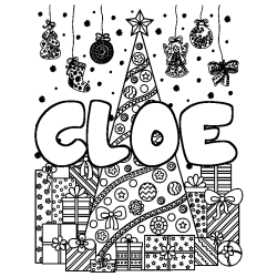 Coloriage prénom CLOE - décor Sapin et Cadeaux