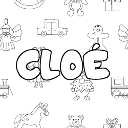 Coloriage pr&eacute;nom CLO&Eacute; - d&eacute;cor Jouets