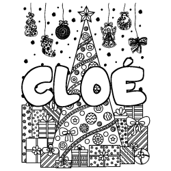 Coloriage pr&eacute;nom CLO&Eacute; - d&eacute;cor Sapin et Cadeaux