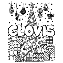 Coloriage prénom CLOVIS - décor Sapin et Cadeaux