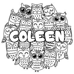 Coloriage pr&eacute;nom COLEEN - d&eacute;cor Chouettes