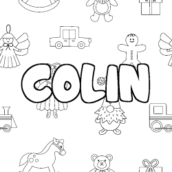 Coloriage prénom COLIN - décor Jouets
