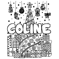 Coloriage prénom COLINE - décor Sapin et Cadeaux
