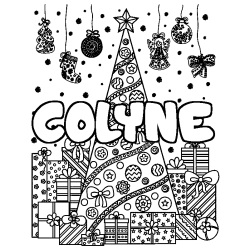 Coloriage prénom COLYNE - décor Sapin et Cadeaux