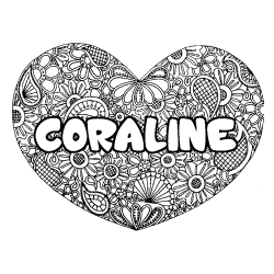 Coloriage pr&eacute;nom CORALINE - d&eacute;cor Mandala coeur