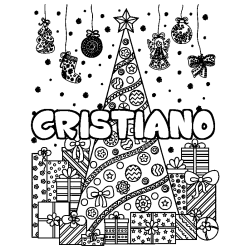 Coloriage prénom CRISTIANO - décor Sapin et Cadeaux