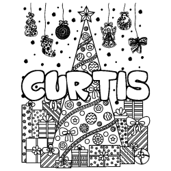 Coloriage pr&eacute;nom CURTIS - d&eacute;cor Sapin et Cadeaux