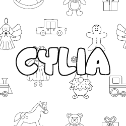 Coloriage pr&eacute;nom CYLIA - d&eacute;cor Jouets