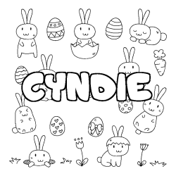 Coloriage pr&eacute;nom CYNDIE - d&eacute;cor Paques