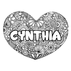 Coloriage prénom CYNTHIA - décor Mandala coeur